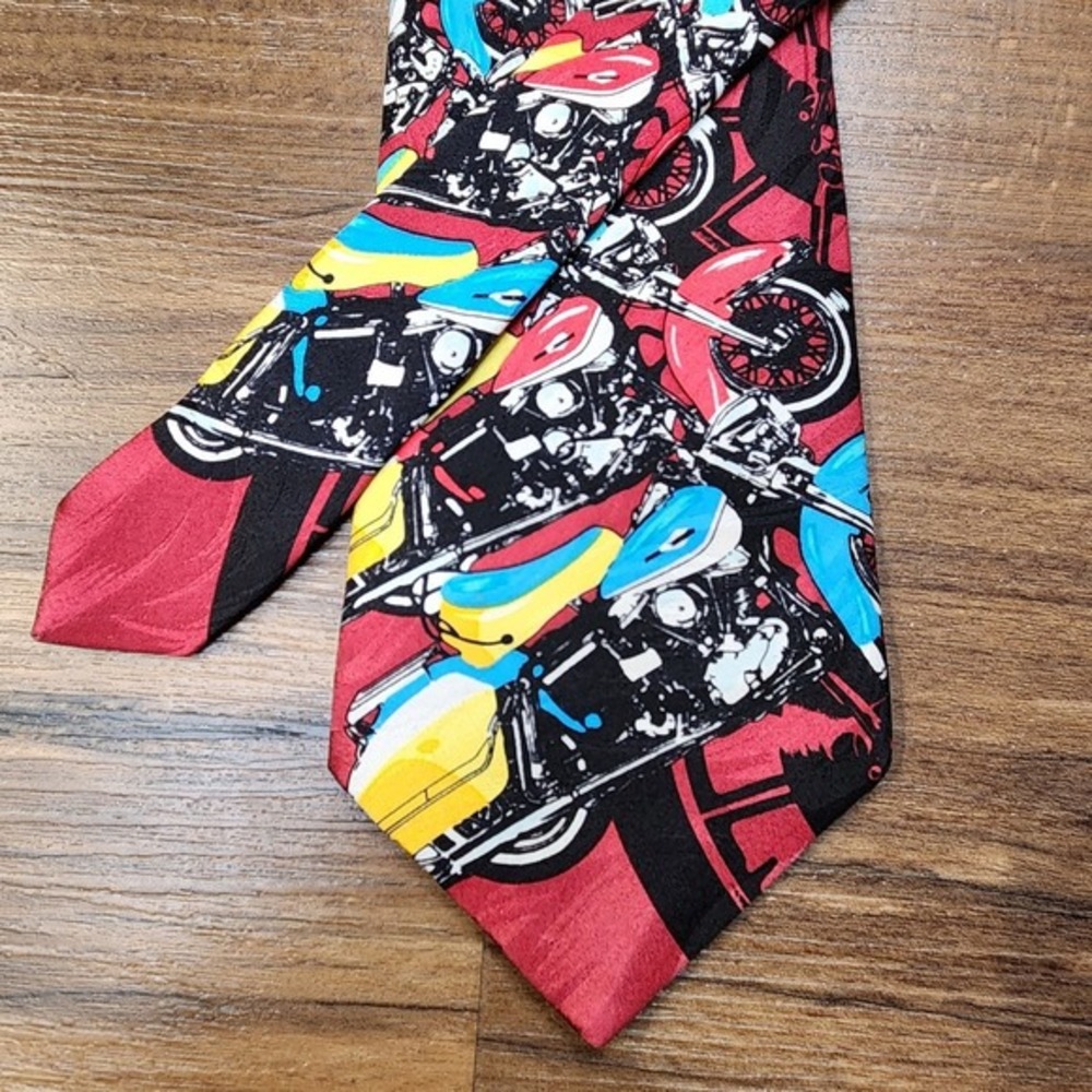 Vintage 90s Ralph Marlin Harley Davidson Motorcycle Red‎ Silk Tie Made In USA